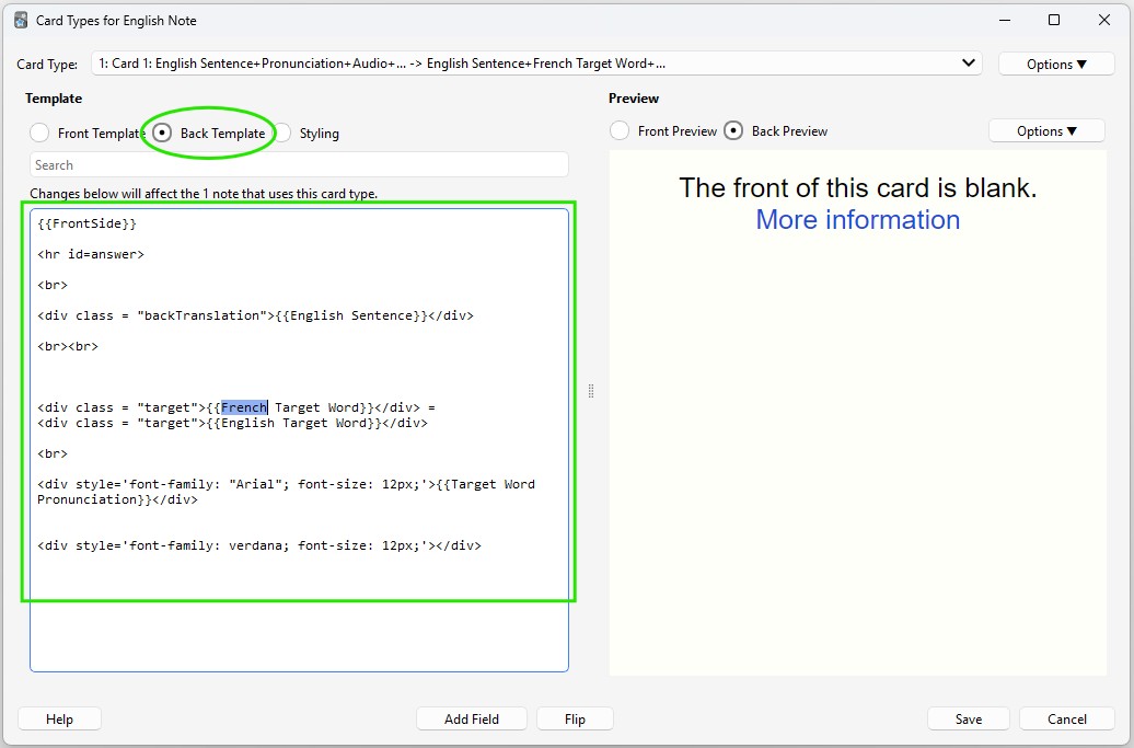 Screenshot of the window shown after clicking Anki's 'Cards...' button. Here, we're selecting the 'Back Template' setting and then adding some HTML to the textbox to tell Anki how the back of the cards should look.